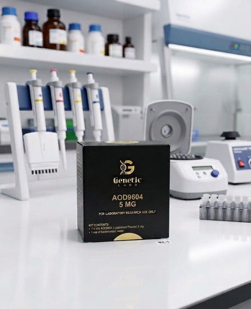 A black box of Genetic Labs GHK-CU 50 MG powder for laboratory research use only, placed on a white lab bench with pipettes, bottles, and other lab equipment in the blurred background.