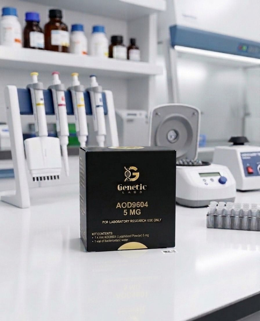 A black box of Genetic Labs GHK-CU 50 MG powder for laboratory research use only, placed on a white lab bench with pipettes, bottles, and other lab equipment in the blurred background.