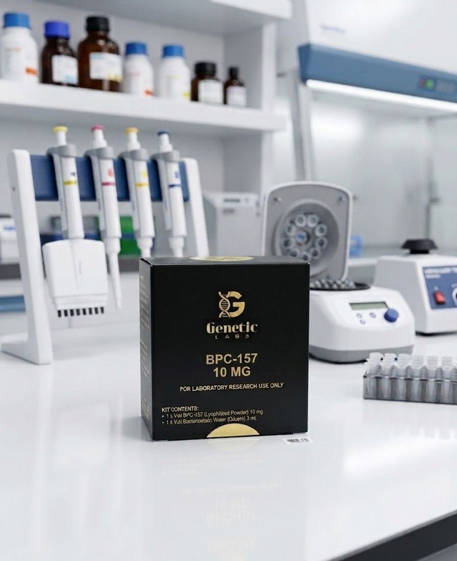 A black box of Generic TB-500 10 MG, labeled for laboratory research use only, sits on a white lab counter with pipettes, bottles, and other lab equipment blurred in the background.