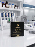 A black box of Genetic Labs GHK-CU 50 MG powder for laboratory research use only, placed on a white lab bench with pipettes, bottles, and other lab equipment in the blurred background.