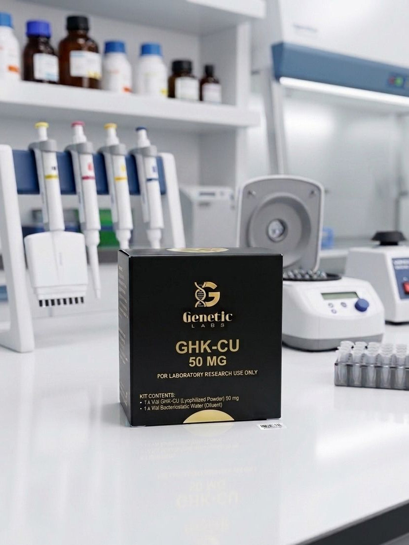 A black box of Genetic Labs GHK-CU 50 MG powder for laboratory research use only, placed on a white lab bench with pipettes, bottles, and other lab equipment in the blurred background.