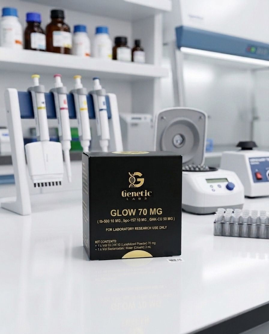 A black box of Generic TB-500 10 MG, labeled for laboratory research use only, sits on a white lab counter with pipettes, bottles, and other lab equipment blurred in the background.