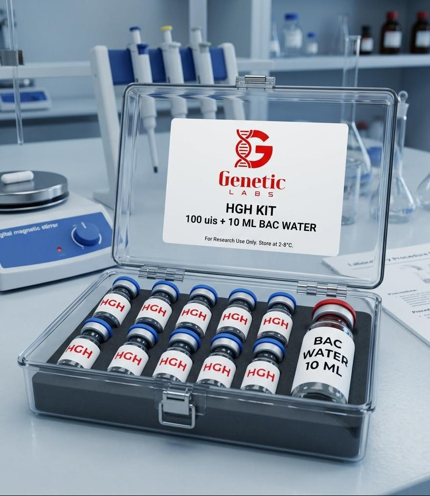 An open clear plastic HGH kit box containing several small labeled vials, with a white sign inside reading 'Genetic Labs HGH KIT 100 uLs + 10 ML BAC WATER.' The box sits on a lab bench with pipettes, a digital magnetic stirrer, and other lab equipment blurred in the background.