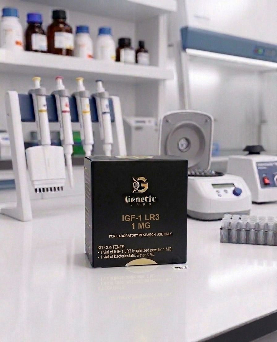A black box of Generic IGF-1 LR3 1 MG powder sits on a white laboratory counter, with pipettes, bottles, and other lab equipment blurred in the background.