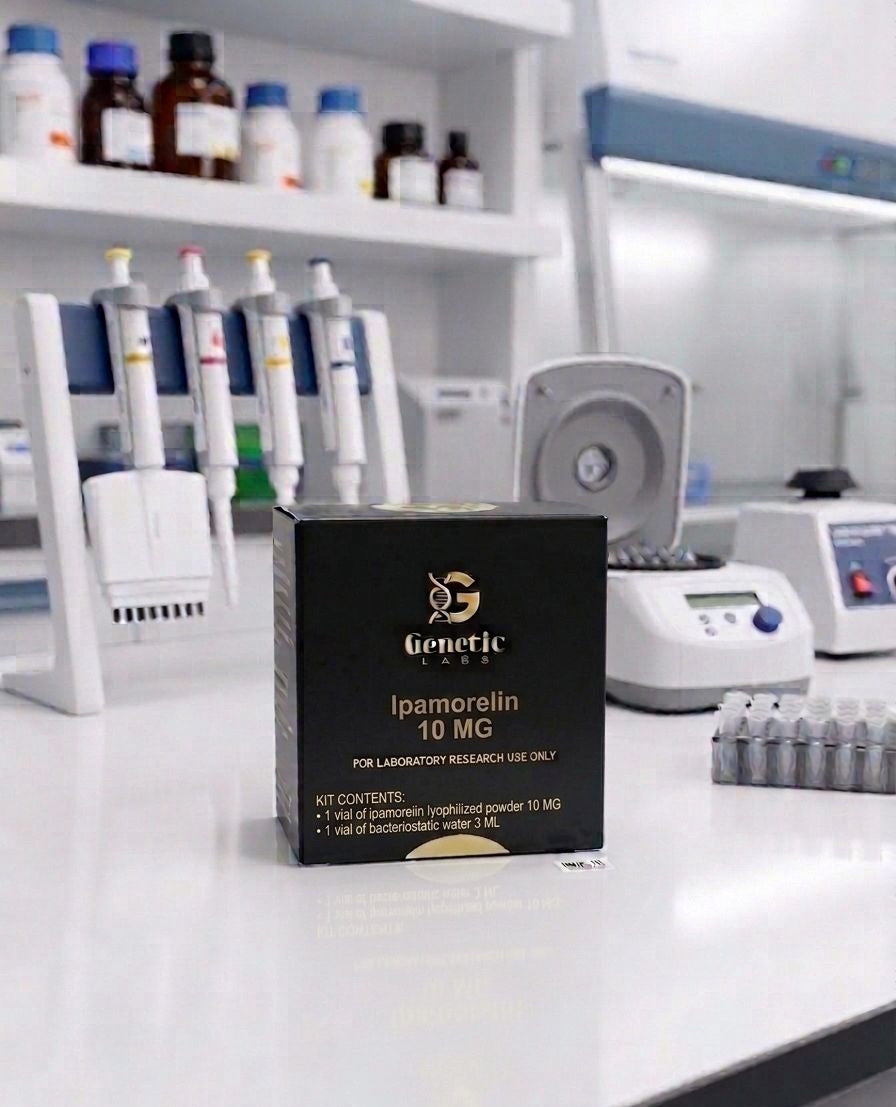 A black box of Generic Ipamorelin 10 MG for laboratory research use only, standing on a white lab counter with pipettes, bottles, and other lab equipment blurred in the background.