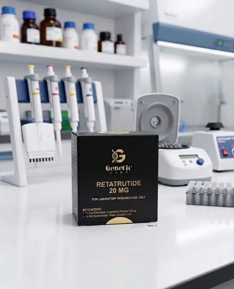 A black box of Generic Tesamorelin 5 MG for laboratory research reagents, displayed on a white lab bench with pipettes, centrifuges, and other lab equipment in the blurred background.