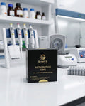 A black box of Generic TB-500 5 MG, labeled for laboratory research use only, sits on a white lab counter with pipettes, bottles, and other lab equipment blurred in the background.