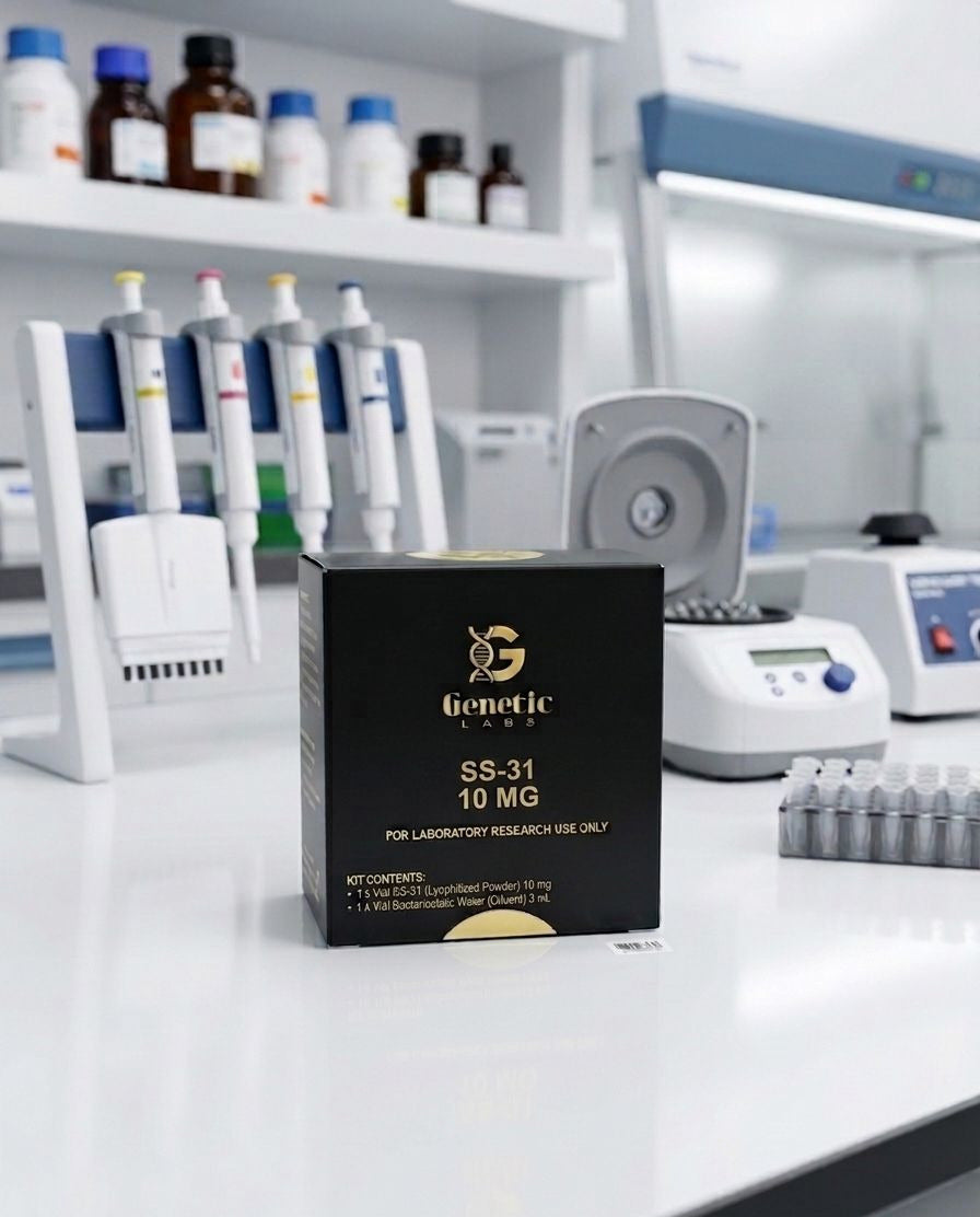 A black box of Generic TB-500 10 MG, labeled for laboratory research use only, sits on a white lab counter with pipettes, bottles, and other lab equipment blurred in the background.