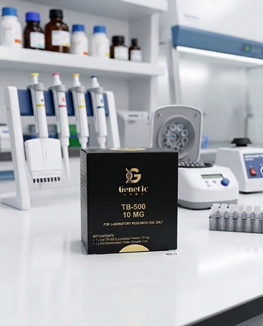A black box of Generic TB-500 10 MG, labeled for laboratory research use only, sits on a white lab counter with pipettes, bottles, and other lab equipment blurred in the background.