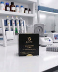 A black box of Generic Tesamorelin 5 MG for laboratory research reagents, displayed on a white lab bench with pipettes, centrifuges, and other lab equipment in the blurred background.