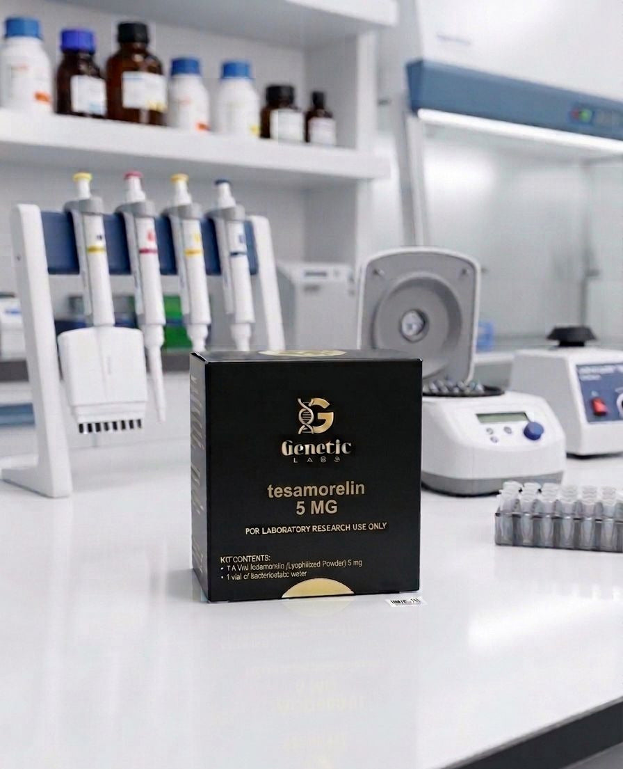 A black box of Generic Tesamorelin 5 MG for laboratory research reagents, displayed on a white lab bench with pipettes, centrifuges, and other lab equipment in the blurred background.